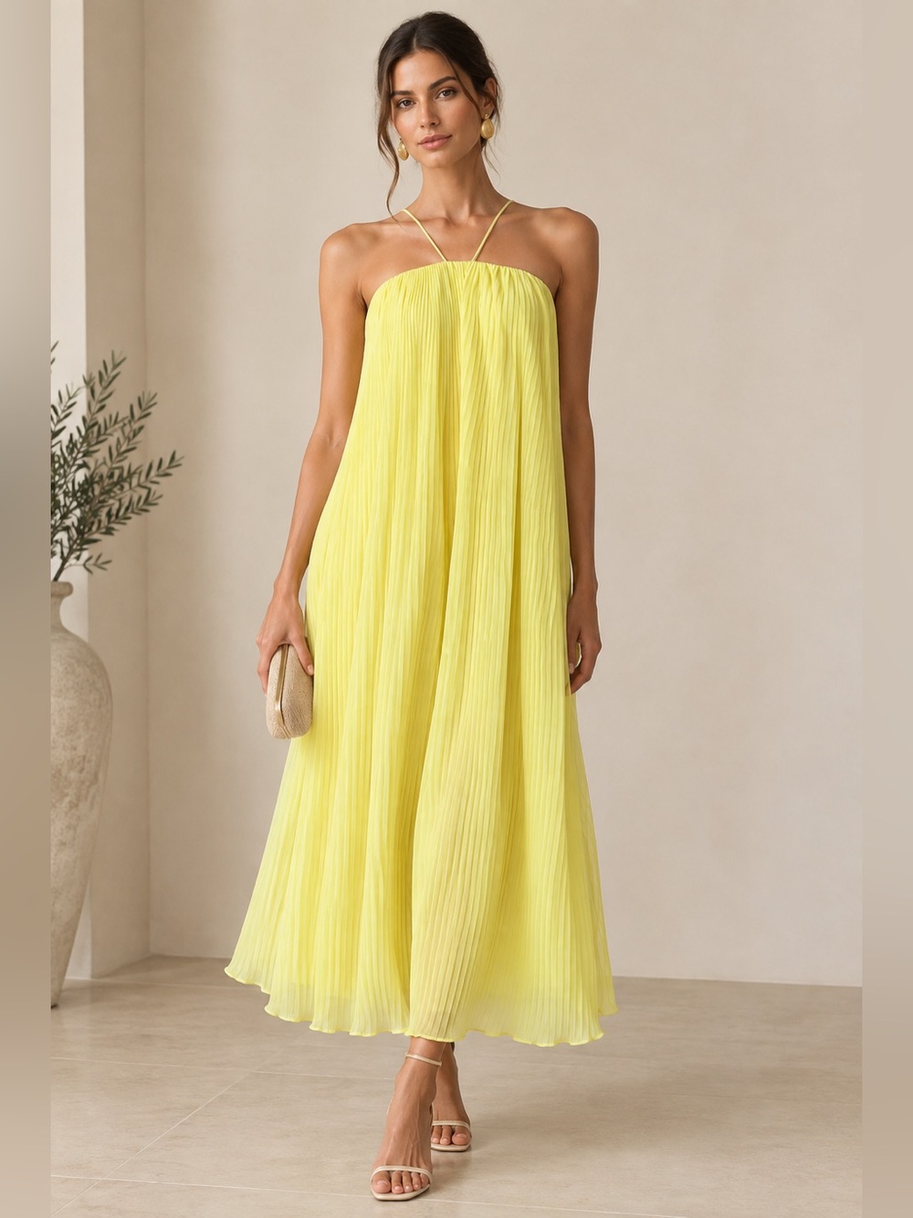 Mestiza Pleated Lemon Yellow Strappy Formal Resort Midi Dress size 8